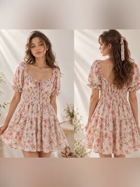 Hesperus Pink Floral Puff-Sleeve Mini Coquette cottagecore Feminine Dress Medium
